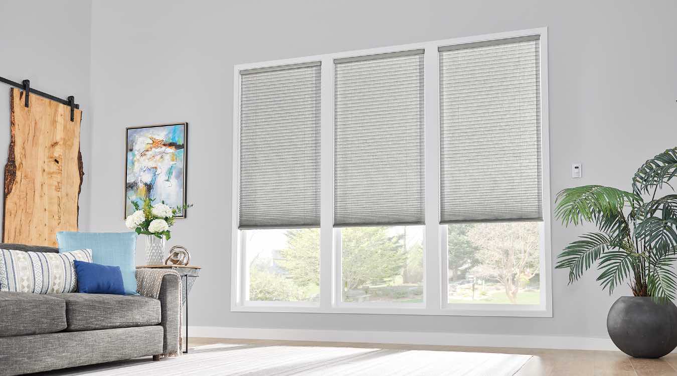 Motorized cell shades in living room