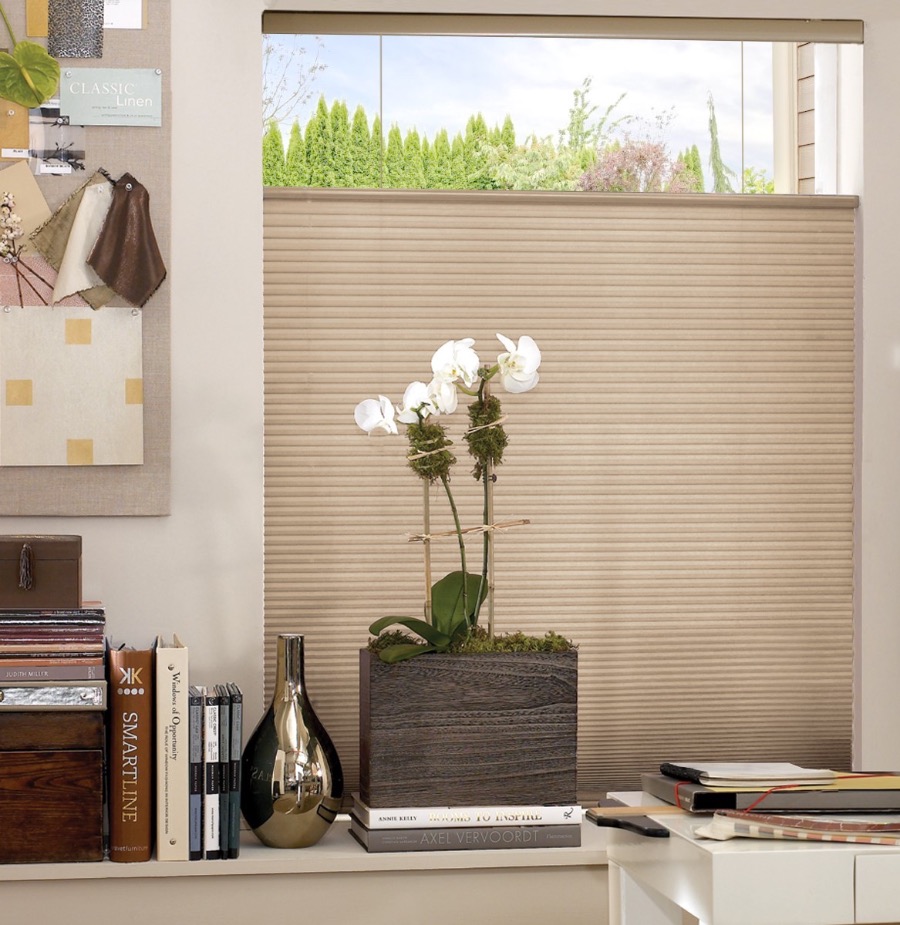 Cell shades above a desk