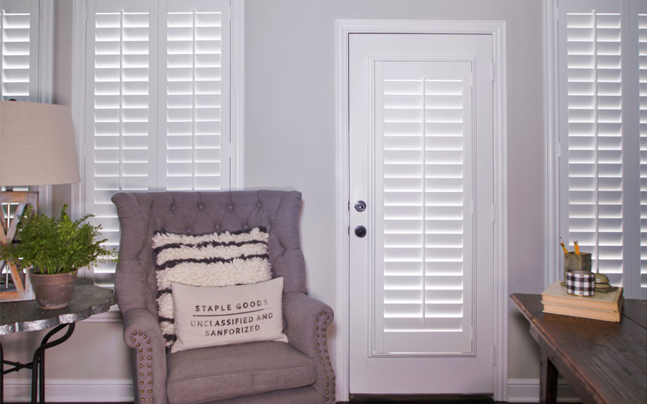 Interior shutters are beautiful and durable window treatments for glass doors in Orlando. Polywood shutters on a door